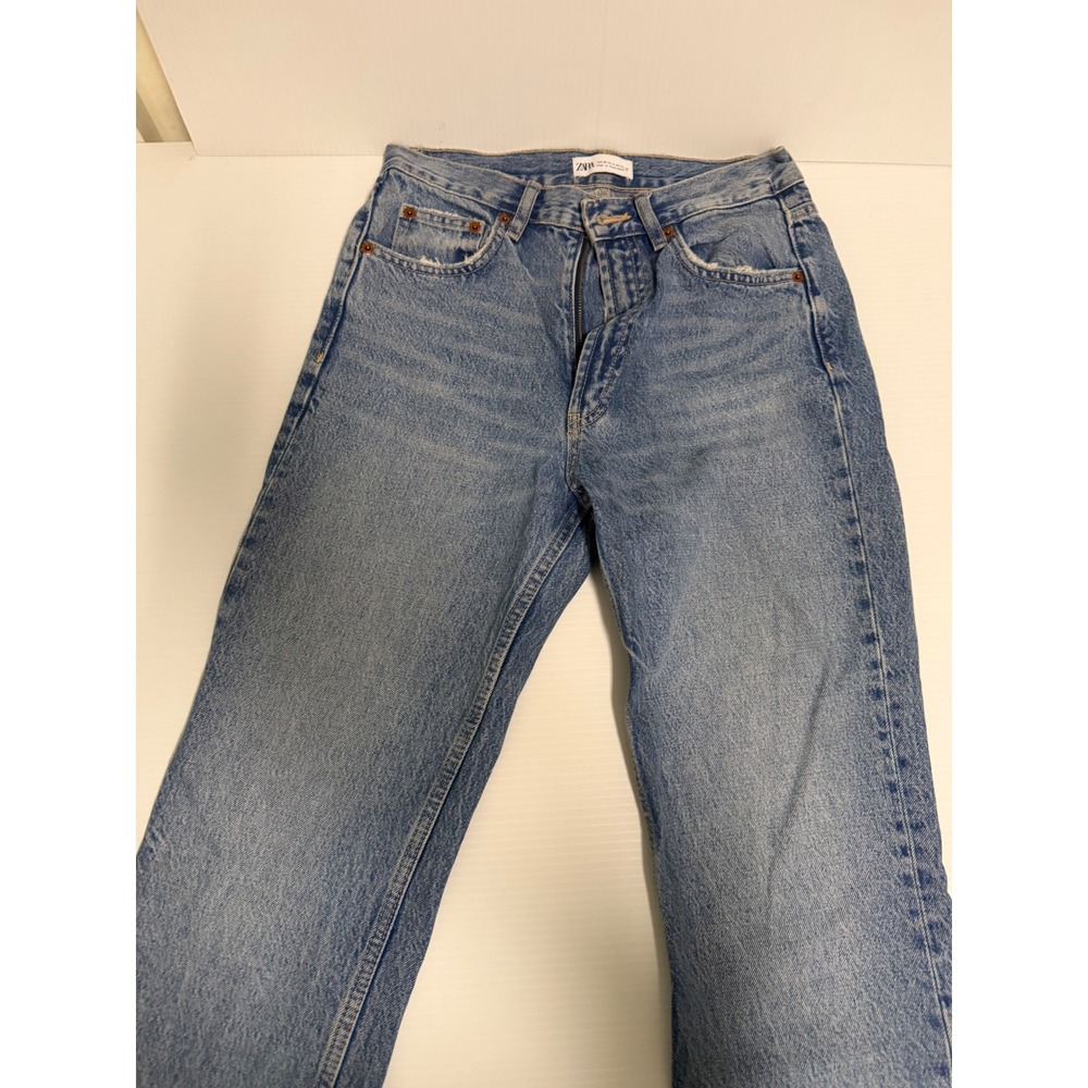 Zara Premium Denim Collection High Rise Straight Leg Jeans Blue Size 4 Distress
